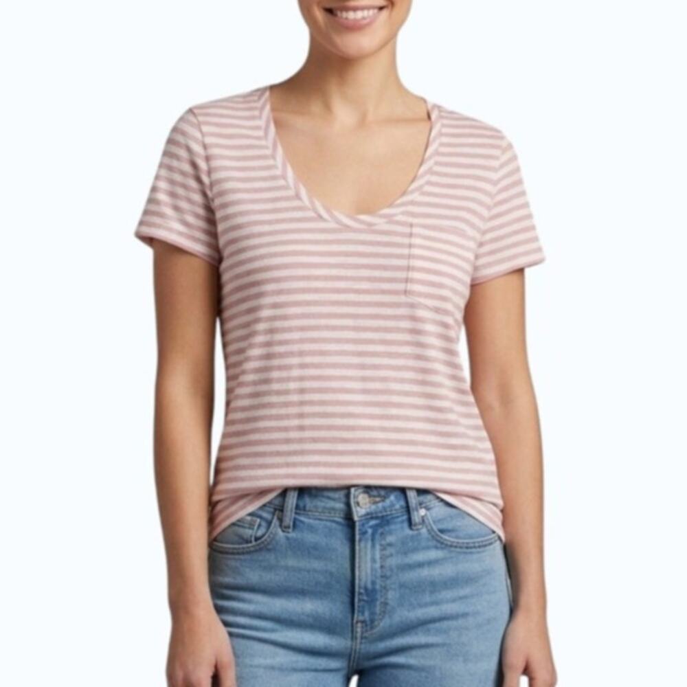 Caslon Scoop Neck Tee Pink White Striped Cotton Blend Women Size XXS NWT